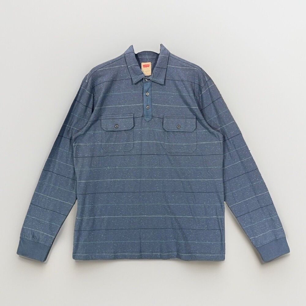 Levi's Men's Large Blue Striped Long Sleeve Polo Shirt Flap Pockets Flecked EUC